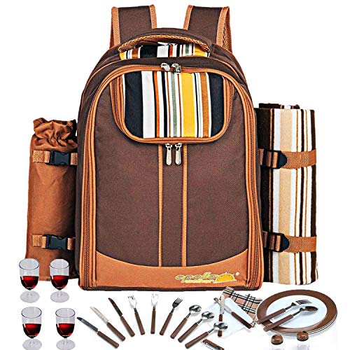 Picnic Backpack Bag for 4 Person w/ Cooler Compartment, Detachable Bottle Holder