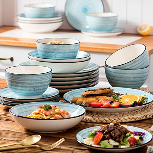 Blue Dinner Set, 24 Pieces Stoneware Dinnerware Set, Handpainted Spirals Pattern