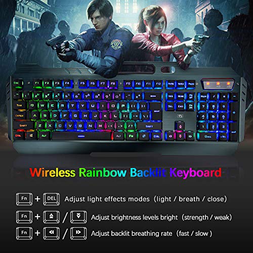 Wireless Gaming Keyboard and Mouse,Rainbow Backlit Rechargeable Keyboard