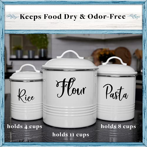 Home Acre Designs Kitchen Canisters Set of 3 - Airtight Flour, Pasta & Rice Containers - Rustic Farmhouse Canister Jars - White