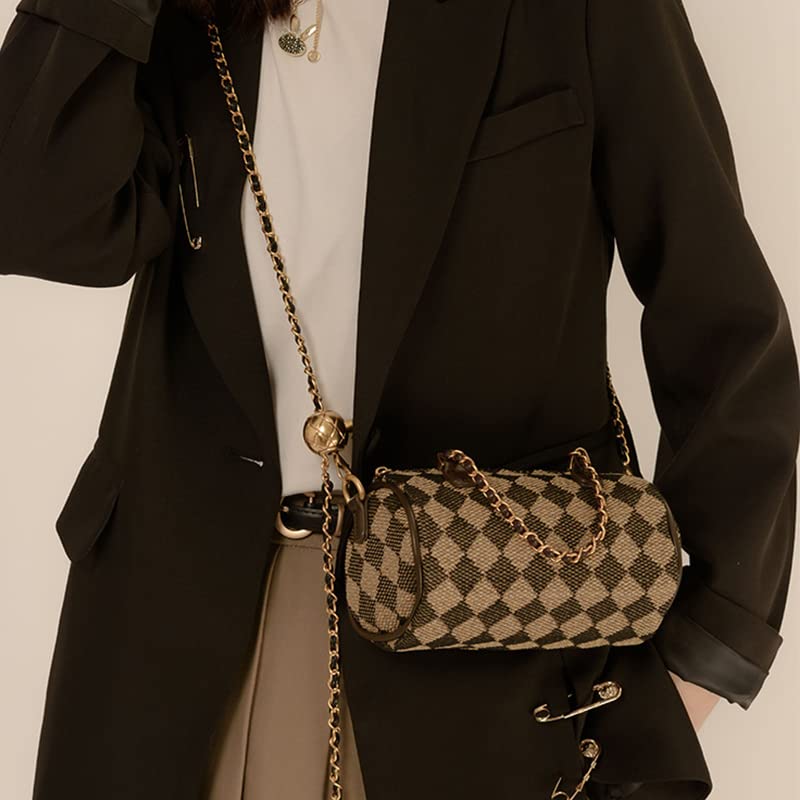 Checkerboard Shoulder Bag for Women Brown Retro Leather Classic Purse