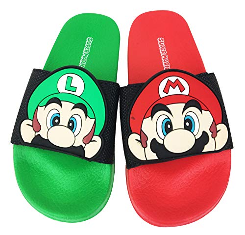 SUPER MARIO Nintendo Sandals, Mario and Luigi Mismatch Slide Sandal,Boys size 1 to 2 (1-2)