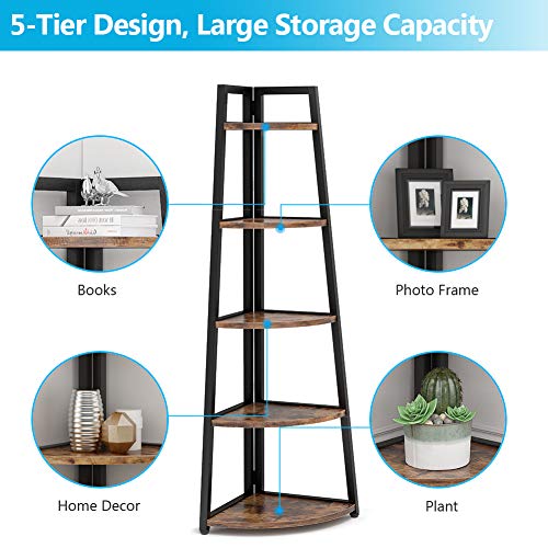 70 inch Tall Corner Shelf, 5 Tier Rustic Corner Bookshelf Industrial Corner Ladder Shelf