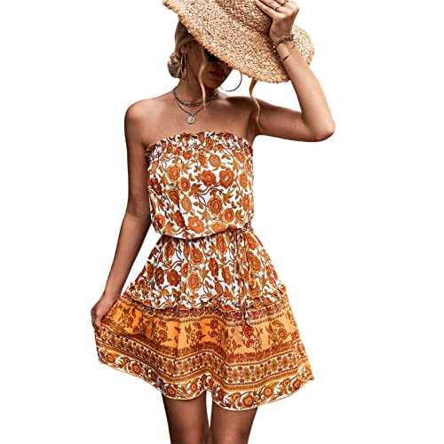 Summer Casual Dress Women's Boho Floral Print Off Shoulder Mini Dress