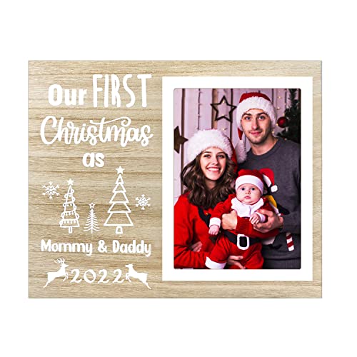 Baby 1st Christmas Picture Frame, First Christmas Frame for New Parents, Newborn Family Natural Wood Photo Frame (First Christmas as daddy and mommy)