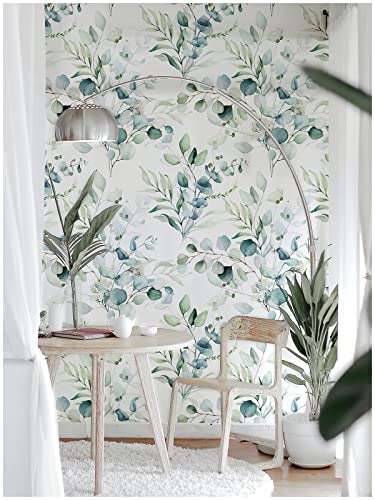 Peel and Stick Wallpaper Green/White Eucalyptus Leaf Floral Wall Mural