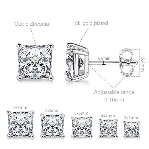 18K White Gold Plated Princess Cut Clear Cubic Zirconia Stud Earring Pack of 5 Pairs
