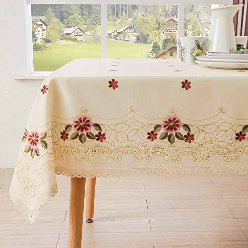 Decorative Red Floral Print Lace Water Resistant Tablecloth Wrinkle Free and Stain