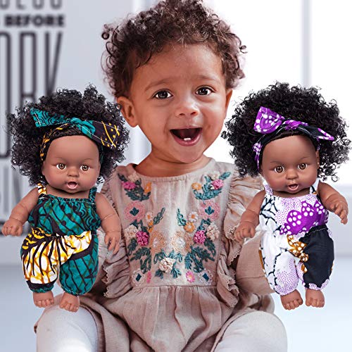 2 Pcs 8 Inch Black Baby Doll African Washable Realistic Silicone Baby Dolls