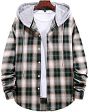 Men Hooded Plaid Shirts Button Splice Sweatshirt Long Sleeve Lattice Tops Green
