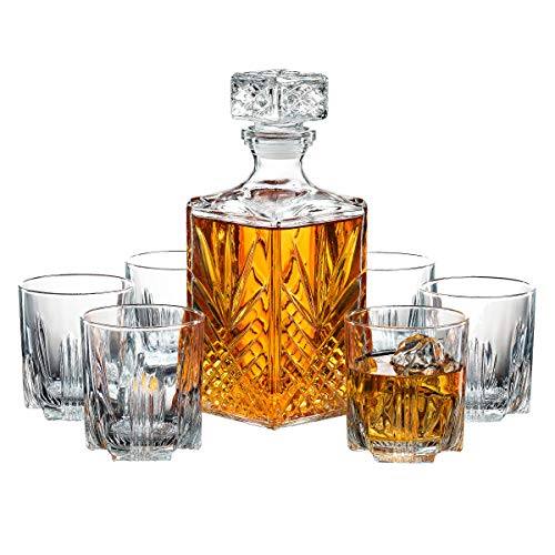 7-Piece Italian Crafted Glass Decanter & Whisky Glasses Set,6 Exquisite Cocktail Glasses