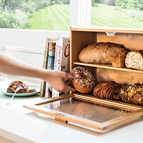 Bamboo Bread Box for Kitchen Counter - Double Layer Bread Storage with Clear Windows