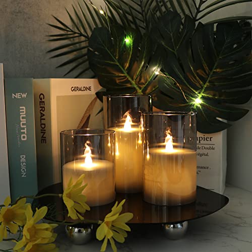 Gray Glass Battery Operated Flameless Led Candles with 10-Key Remote and Timer, Real Wax