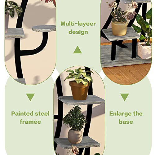 HOPUBUY Plant Stand Indoor 2 Pcs 6 Tier, Steel Wood Tall Plant Stand with Hanger, Outdoor Curved Flower Pot Holder, Modern Plant Shelf for Living Room, Black