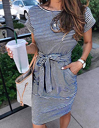 Women's Summer Striped Short Sleeve T Shirt Dress Casual Midi Dress