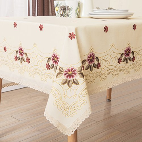 Decorative Red Floral Print Lace Water Resistant Tablecloth Wrinkle Free and Stain
