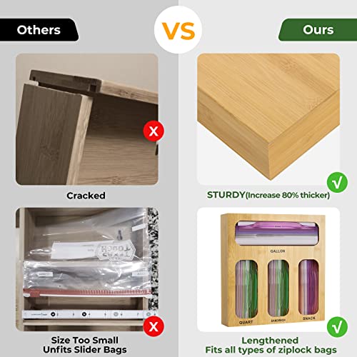 Ziplock Bag Organizer - Pantry Storage Bag Organizer for Kitchen Drawer, Natural Bamboo Organizer