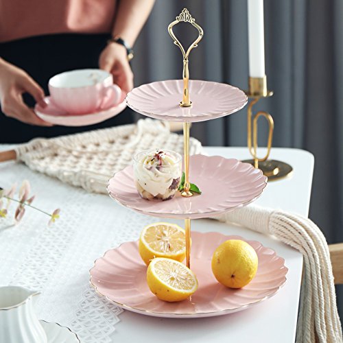 3 Tier Ceramic Cake Stand Wedding, Dessert Cupcake Stand for Tea Party Serving Platter (Pink)