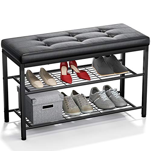 Ecoprsio Shoe Bench, 3 Tier Shoe Rack for Entryway, Metal Frame, Leather Bench Seat