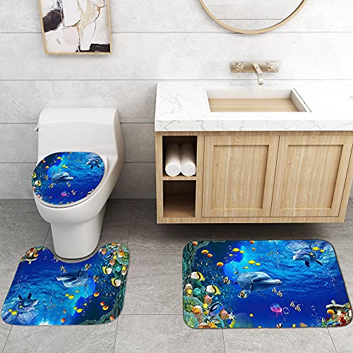 4PCS/Set Cute Dolphin Shower Curtain, Tropical Fish Jellyfish Coral Seaweed