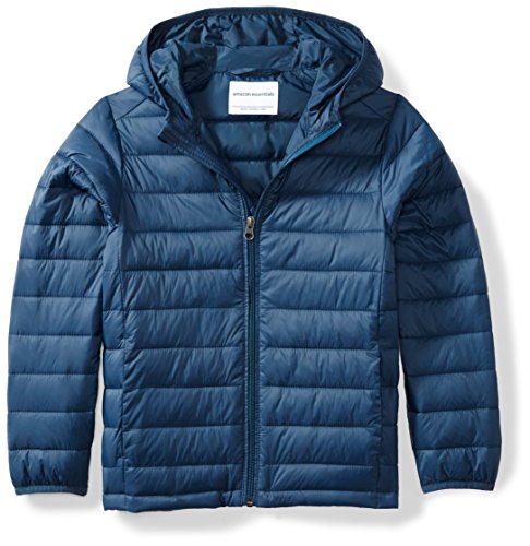 Boys' Lightweight Water-Resistant Packable Hooded Puffer Coat, Navy, X-Large