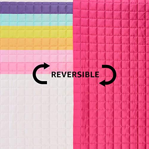 Kids Cotton Reversible Quilt Bedspread - Twin, Magenta Pink & Rainbow