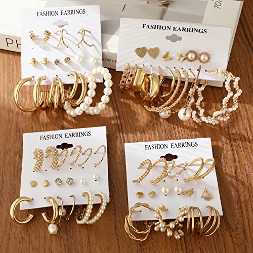 36 Pairs Gold Earrings Set for Women Girls, Fashion Pearl Chain Link Stud Drop Dangle
