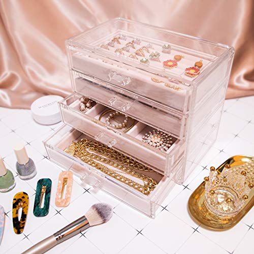 Acrylic Jewelry Box with 4 Drawers, Velvet Jewelry Organizer for Earring Necklace