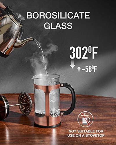 French Press Coffee Maker, Glass Classic Copper 304 Stainless Steel Coffee Press