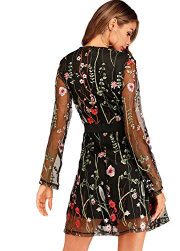 Women's Floral Embroidery Mesh Round Neck Tunic Party Dress