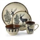 Round Stoneware Cabin Dinnerware Dish Set, 16 Piece, Elk Design with Warm Taupe and Brown Accents