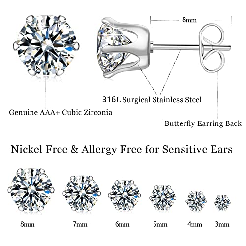 Cubic Zirconia Earrings Studs for Women, 6 Pairs Hypoallergenic 316L Stainless Steel Stud