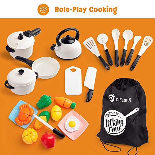 D-FantiX Kids Pretend Play Kitchen Accessories Set, Toddlers Pots and Pans Cookware