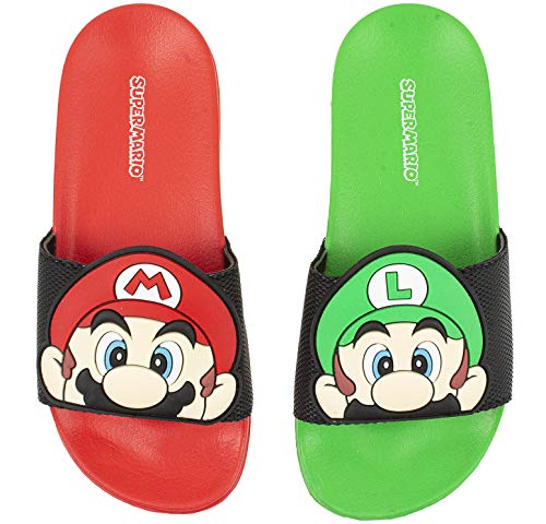 SUPER MARIO Nintendo Sandals, Mario and Luigi Mismatch Slide Sandal,Boys size 1 to 2 (1-2)