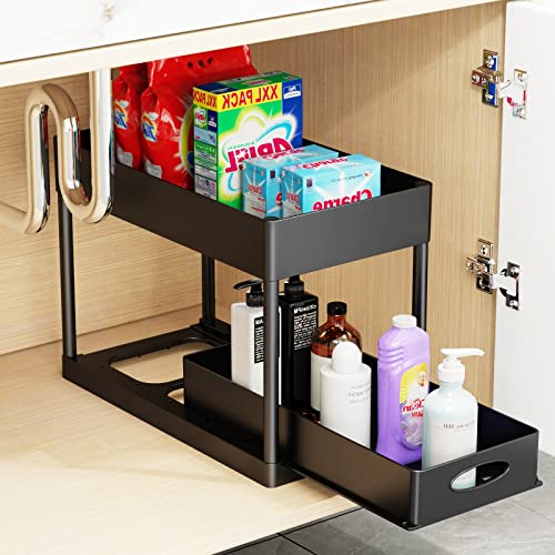 Under Sliding Cabinet Basket Organizer, 2 Tier Storage for Bathroom Kitchen