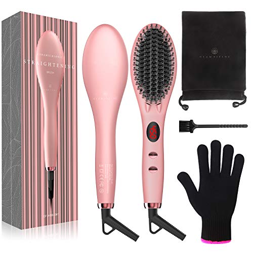 Ionic Straightening Brush, GLAMFIELDS Hair Straightener Brush with Anti-Scald