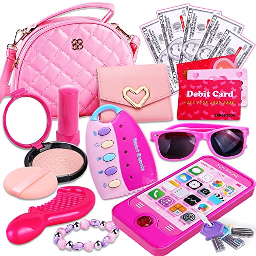 Kids Makeup Kit Girls Purse - Cute Pretend Cosmetics Mini Bag Toy Cell Phone Wallet