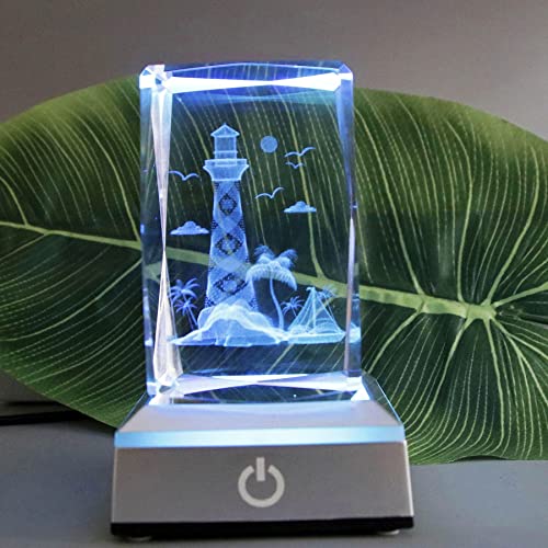 3D Laser Crystal Lighthouse Seabird Coast Crystal Figurine Collectibles with Night Light Stand Base