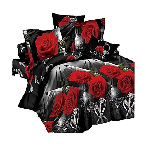 3D Bedding Sets Home Textile Black Red Flower Floral Pattern 4pcs Queen Size Bedding Sheet Sets