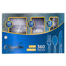 Party Bargains Disposable Cutlery set, SAPPHIRE Design, Clear Color, 360 Pieces: 180 Forks, 120 Spoons, 60 Knives