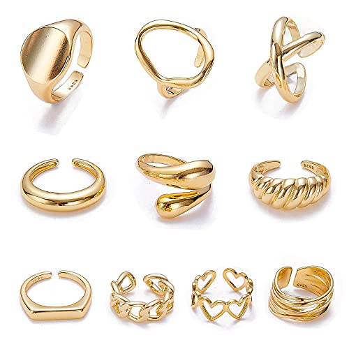 10PCS Gold Dome Chunky Rings for Women 18K Gold Plated Signet Rings