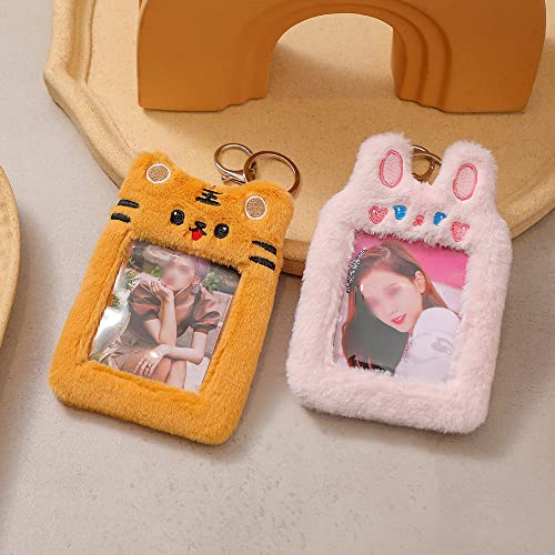 Cute Plush Kpop Photocard Holder with Keychain, Cartoon Bear Rabbit Cat Photo Sleeve