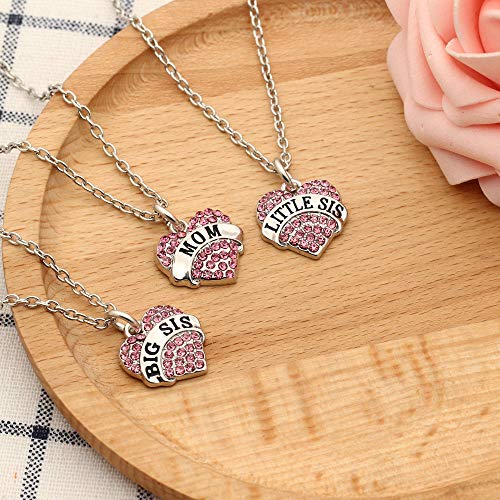 Pink Color Rhinestone Heart Shape Pendant Necklace for Mother Daughter 3 PCS