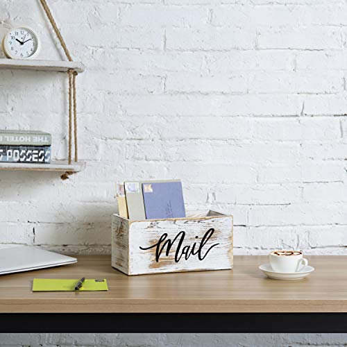 MyGift Whitewashed Wood Mail Holder Storage Box, Desktop Organizer Bin with Mail Script Design