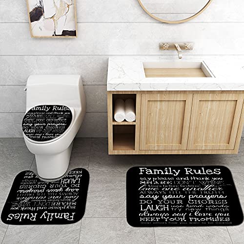 4PCS/Set Family Rules Black Shower Curtain, White Letters Inspirational Quotes