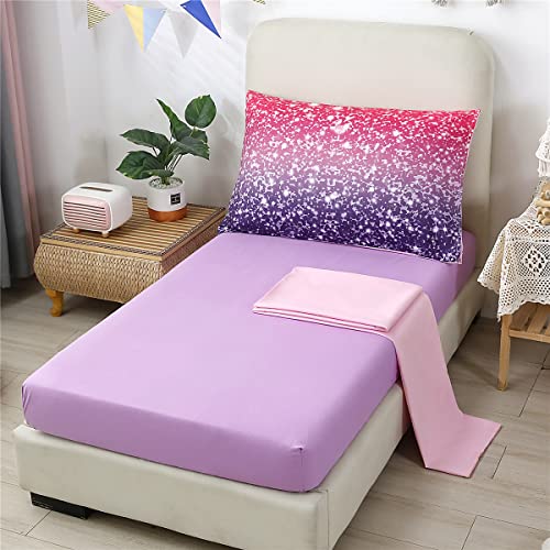 4 Piece Toddler Bedding Set for Girls Pink Purple Glitter Toddler Comforter Set