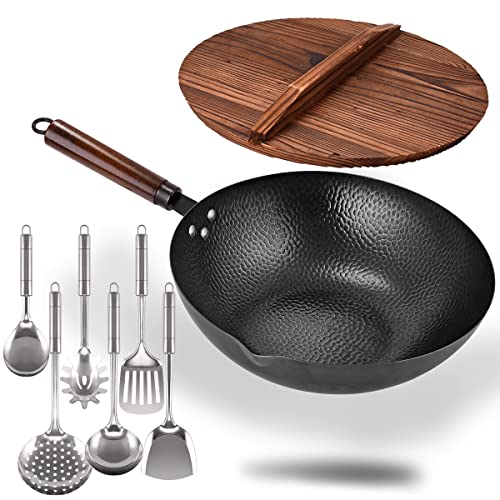 Carbon Steel Wok with Wooden Handle and Lid,using for Electric, Induction, Gas Stoves