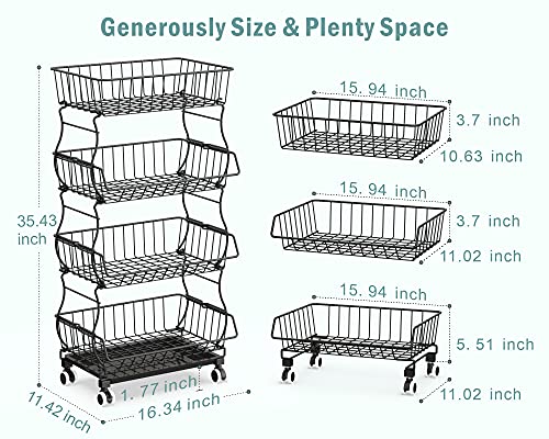 4 Tier Fruit Basket Stand with Lockable Wheels, 4 Wire Basket for Fruit Vegetable Pantry