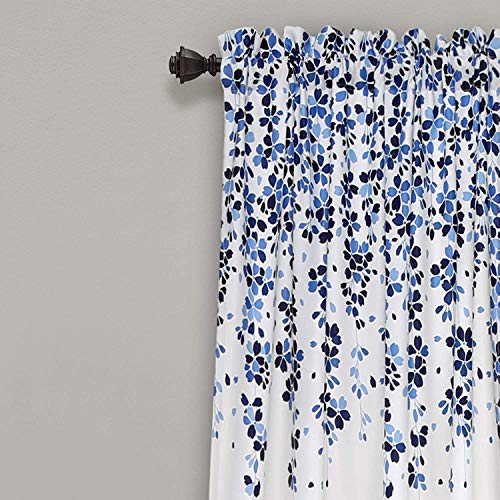 Weeping Flowers Curtains Navy and Blue Room Darkening Window Panel Set (Pair), 84 in x 52