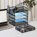 5-Trays Desktop File Organizer with Handle, Letter Tray Paper Organizer with Drawer and Pen Holders